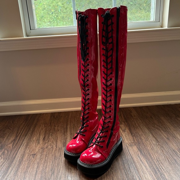 Demonia Red and Black Lace Up Boots - Picture 6 of 6